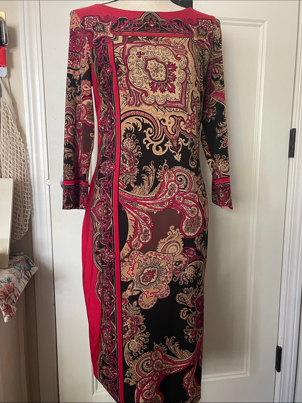 Cache Red and Black Paisley Long Sleeve Midi Dress
